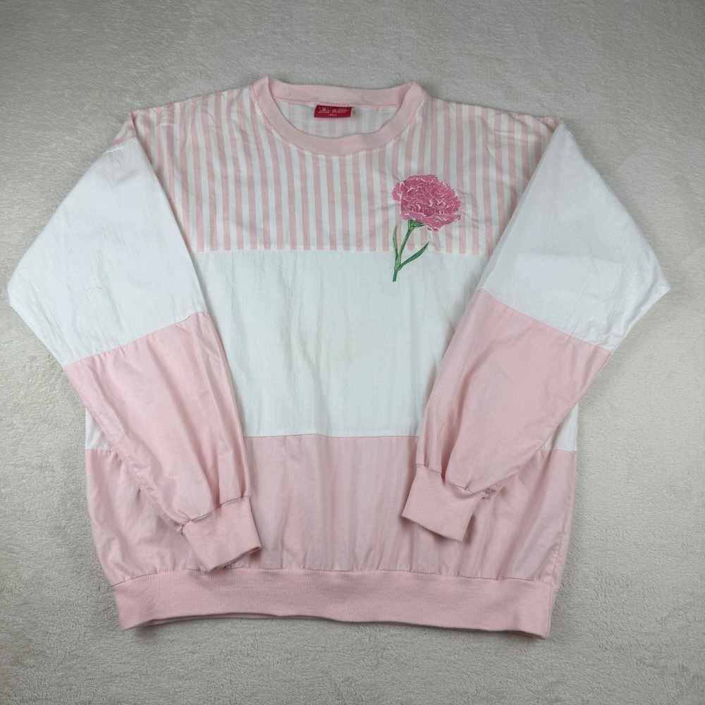 Vintage Cottontops Pink/White Colorblock Striped Flower Sweatshirt USA Large